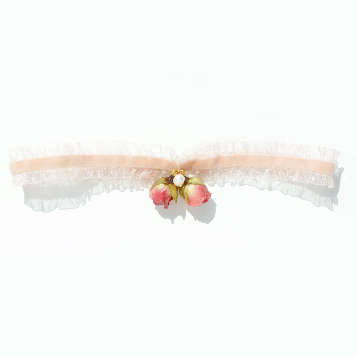 *REAL FLOWER* Bella Rosa Ruffled Tulle Velvet Ribbon Choker with Doubl