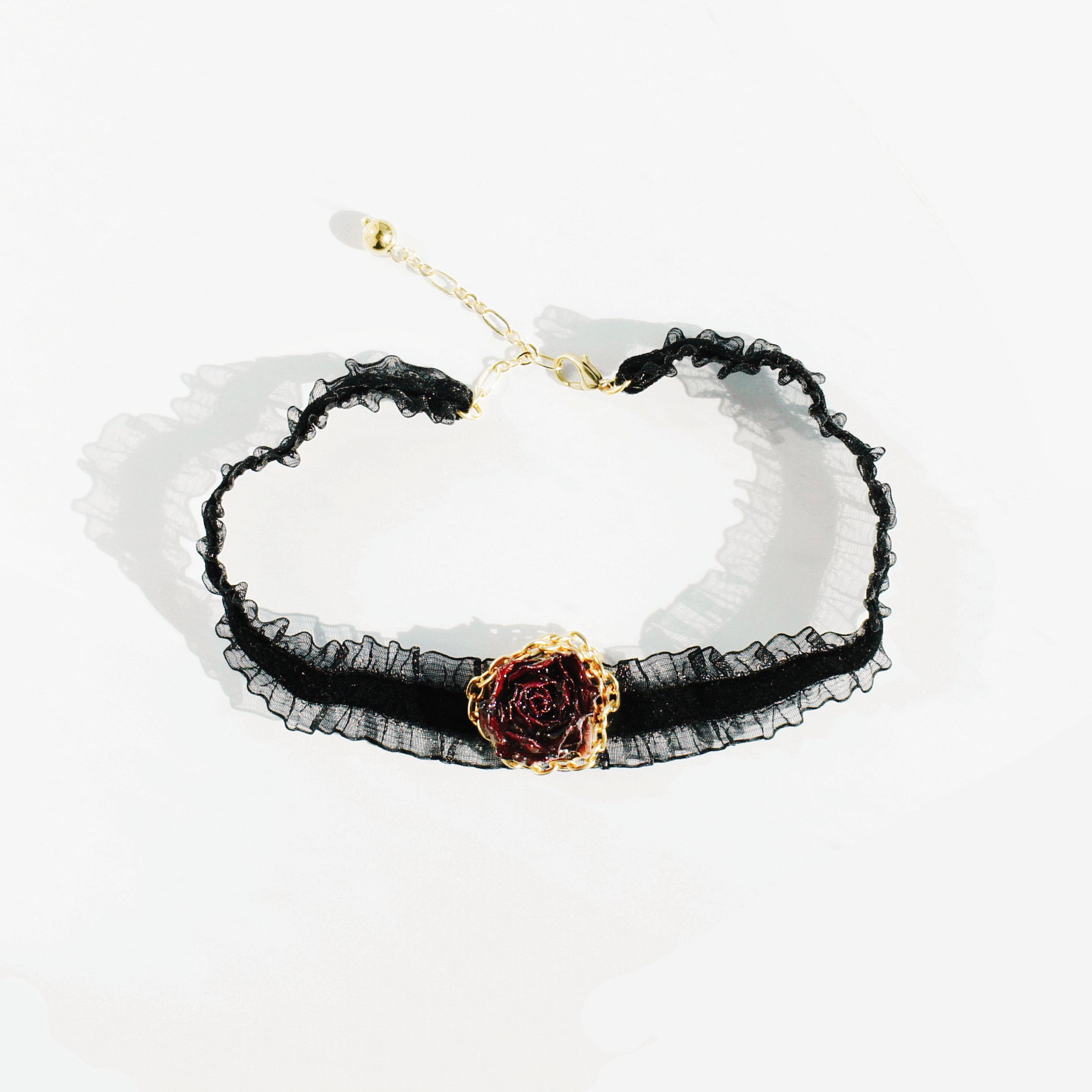 *REAL FLOWER* Grande Amore Rosebud Choker in Black Raffled Tulle Ribbon