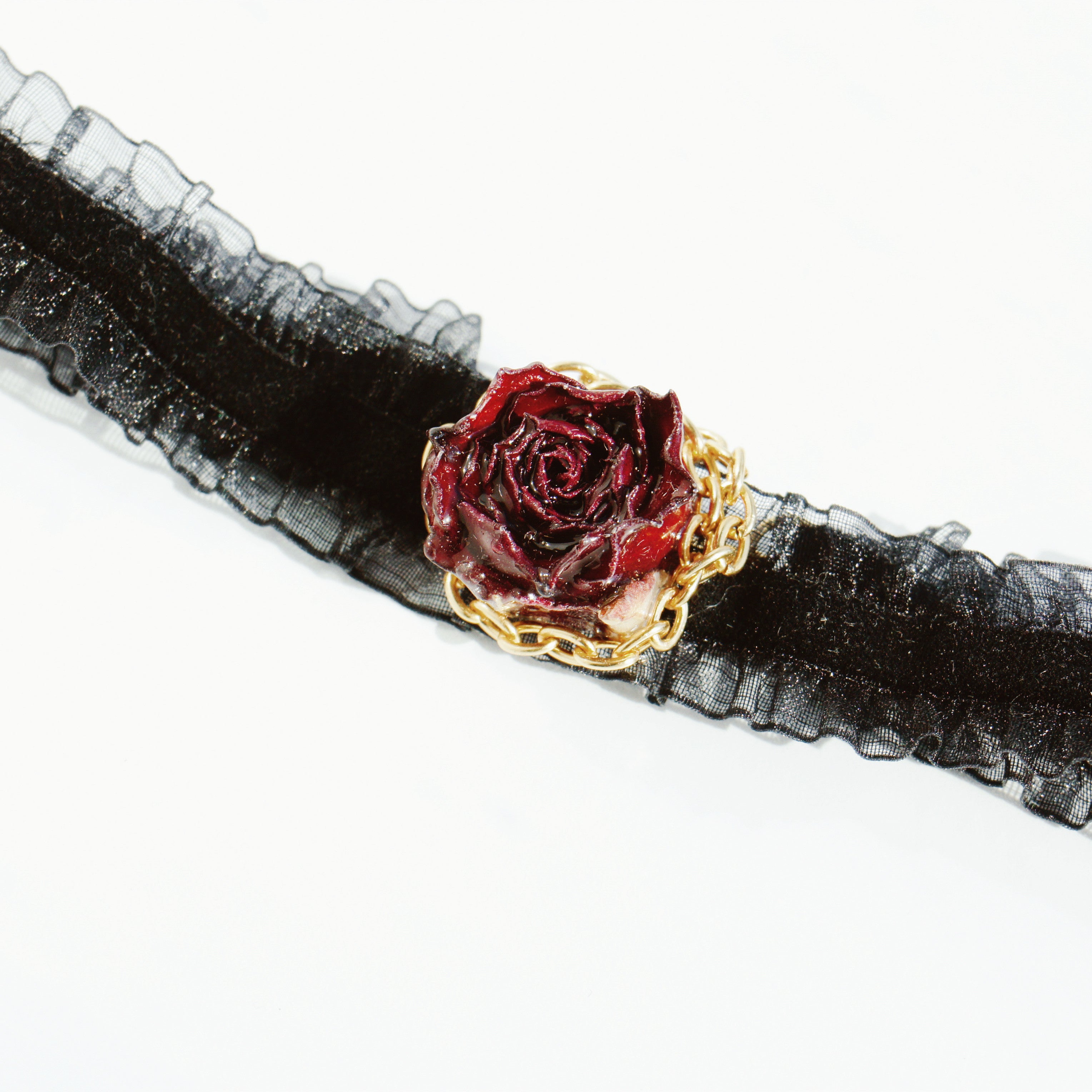 *REAL FLOWER* Grande Amore Rosebud Choker in Black Raffled Tulle Ribbon