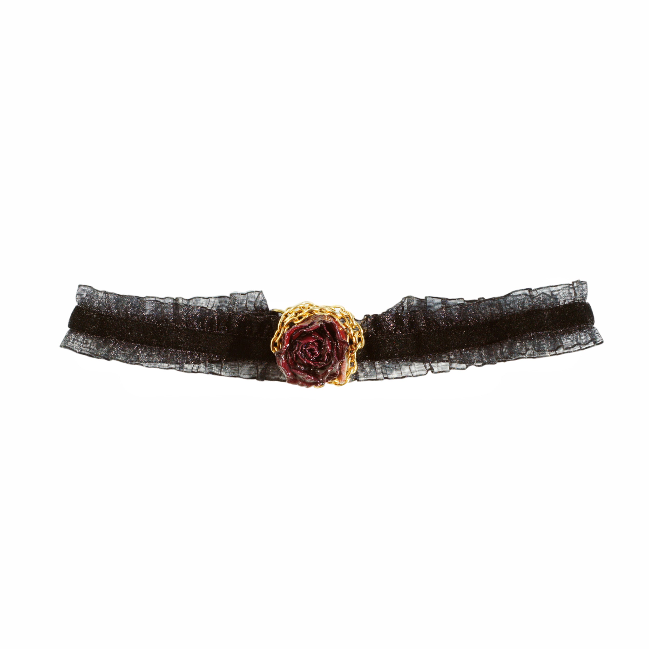 *REAL FLOWER* Grande Amore Rosebud Choker in Black Raffled Tulle Ribbon