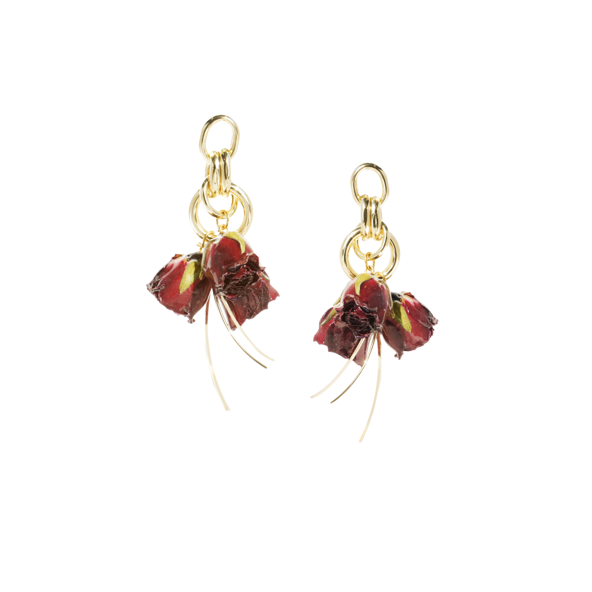 *REAL FLOWER* Grande Amore Triple Rosebud Drop Earrings with Golden Twigs