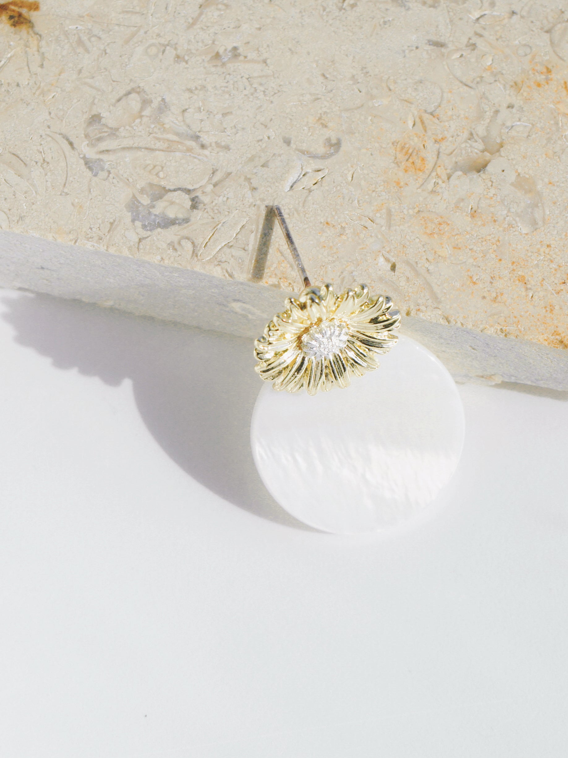 Sunflower and Round Mother of Pearl Disk Drop Earrings