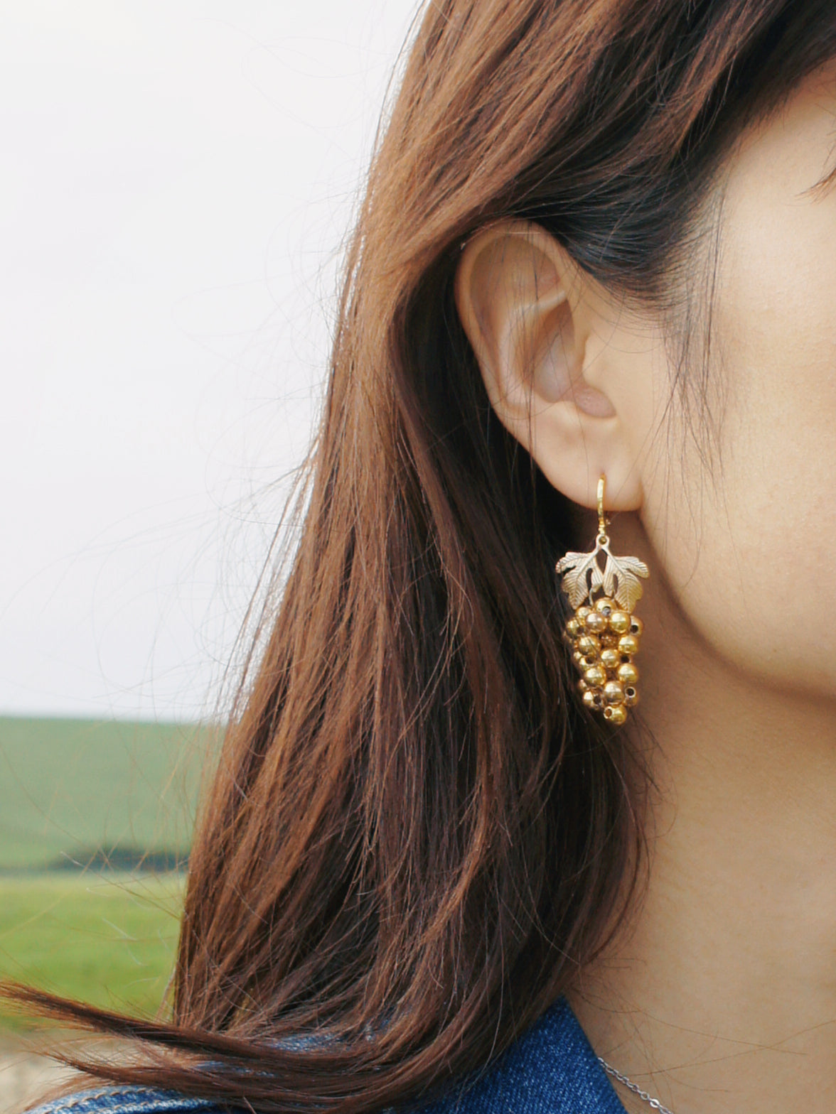 Very Grapeful Beaded Metallic Grapes Earrings with Golden Leaves